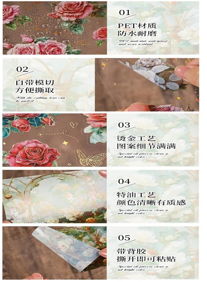 SAMVARDHAN Vintage Floral Rose Sticker Set- 24 PET Waterproof Seal Sheets, Glossy Die-Cut Decorative Background Paper Sticker Collage for Journaling & Scrapbooking,Pack of 6 - Image 4